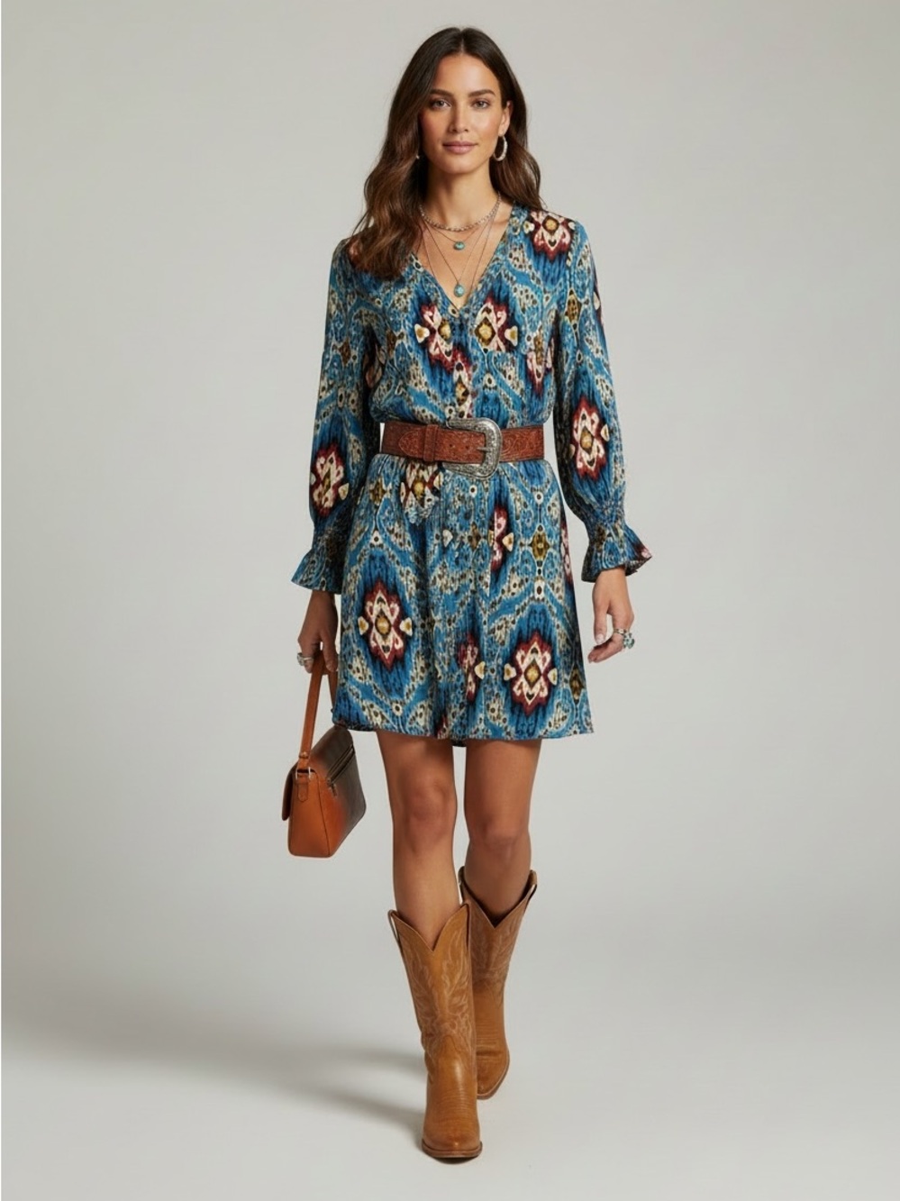 Finley Blue Boho Ikat Western Button Down 3/4 Sleeve Shirt Dress Size M - Picture 1 of 8